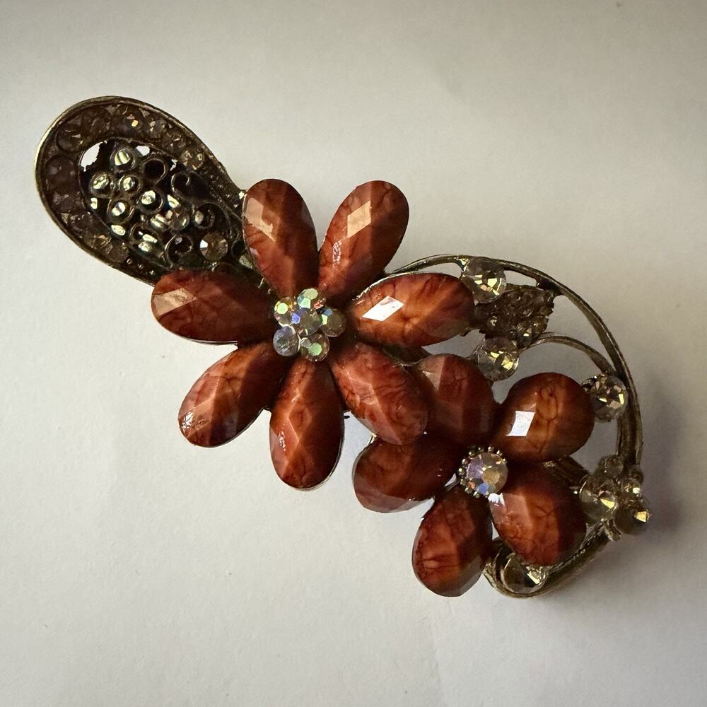 Vintage Bronze Floral Alligator Hair Clip Amber Brown Stone Rhinestone Barrette